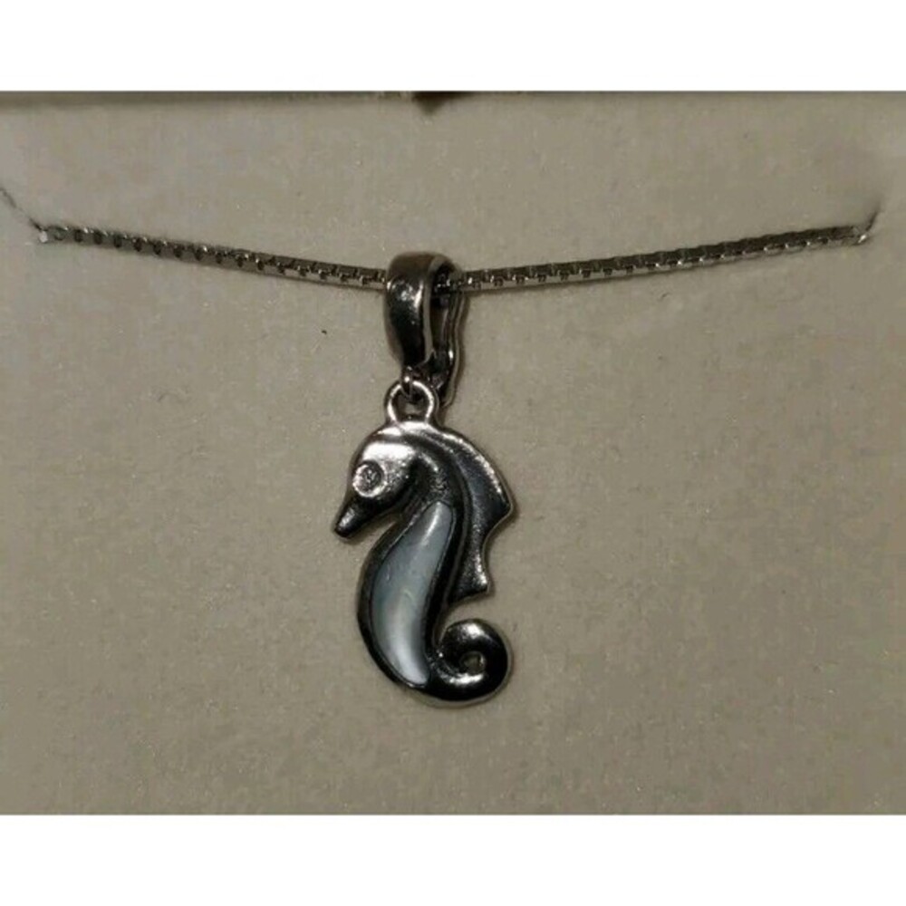 Seahorse Mother Of Pearl Diamond Necklace 18"‎ Silver Box Chain